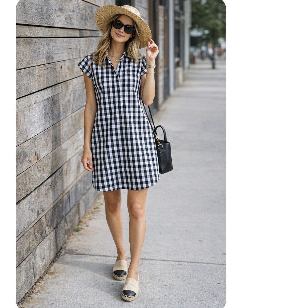 J Crew Black White Gingham Plaid Shirt Dress Button Up Short Sleeve Size S